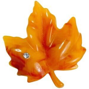 VTG Signed Avon Lucite Maple Leaf Brooch Amber Rhinestone Fall Autumn Jewelry